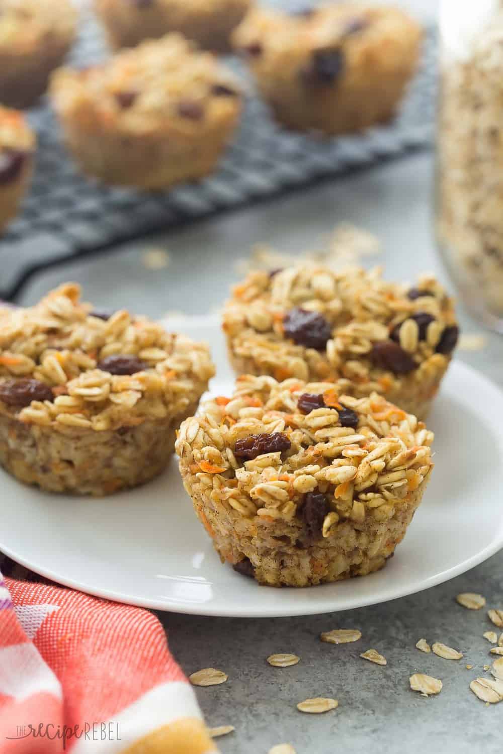 Carrot Cake Baked Oatmeal Cups on a white plate.