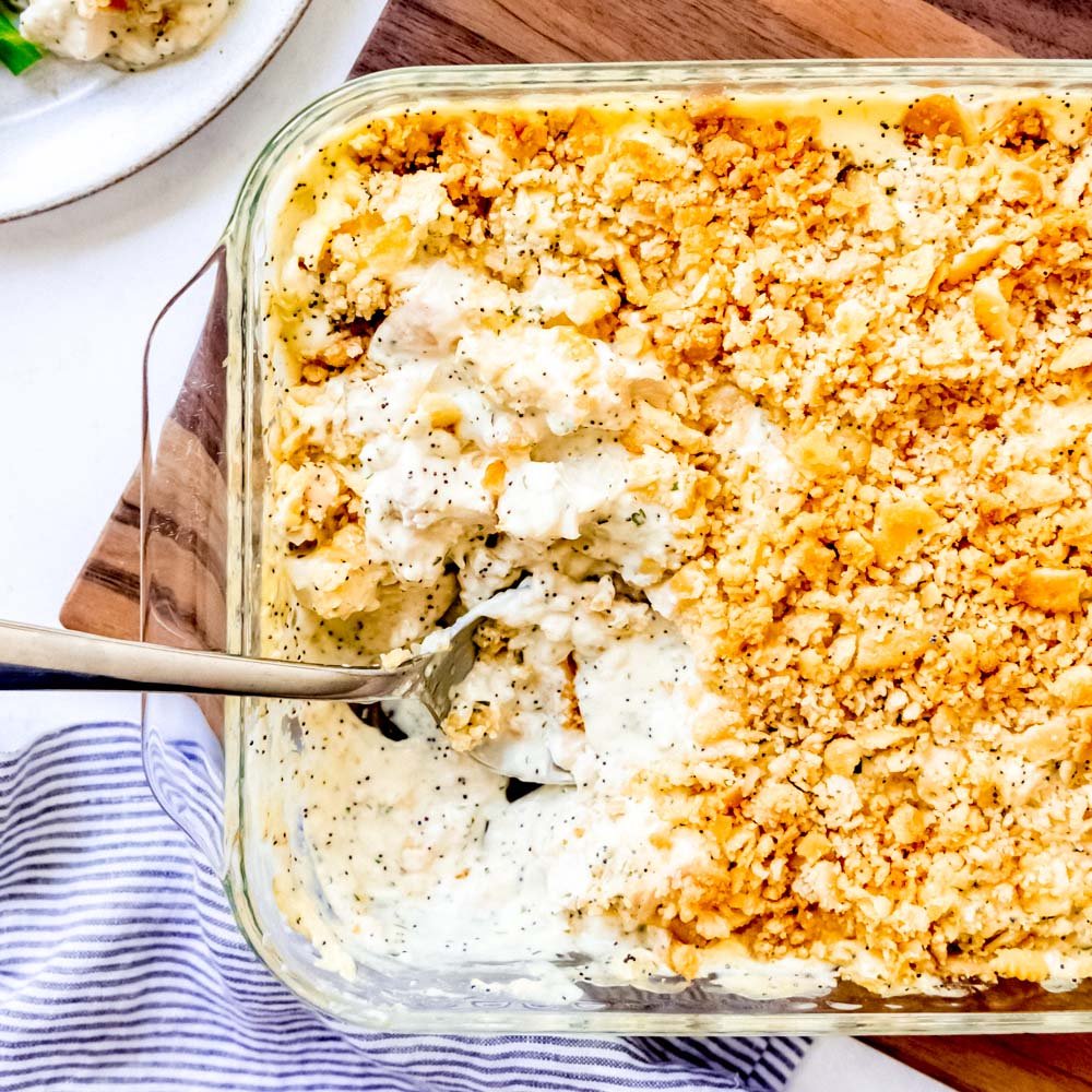 An image of an easy chicken casserole with buttery Ritz cracker topping.