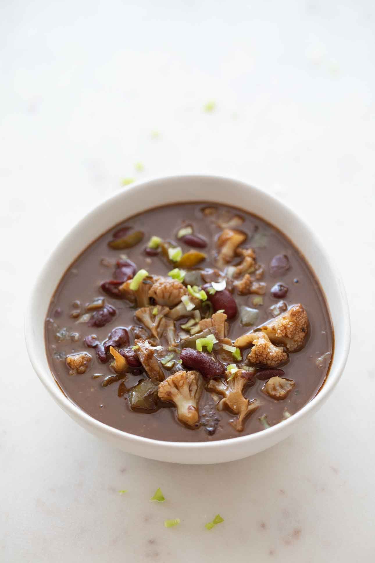 Photo of a white bowl with vegan gumbo