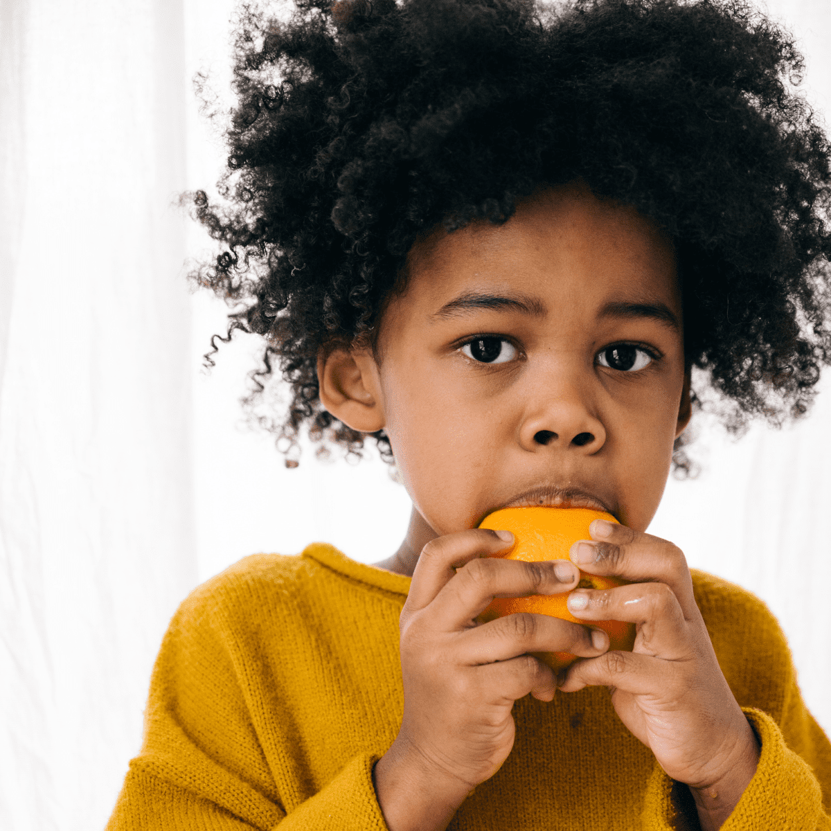 Child in yellow sweater eating an organge half.