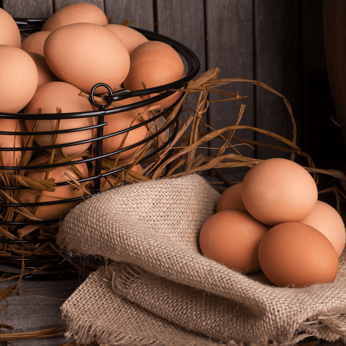 Eggs in basket and sitting on burlap