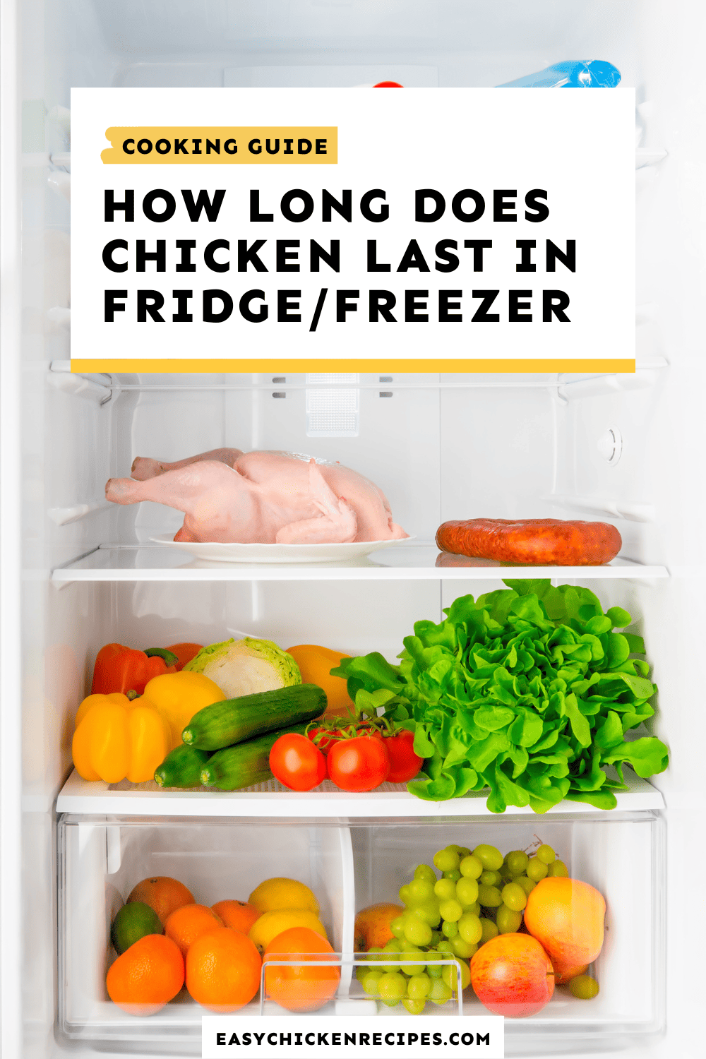 chicken and vegetables on shelves in a refrigerator, with text overlay that reads: how long does chicken last in the fridge or freezer?