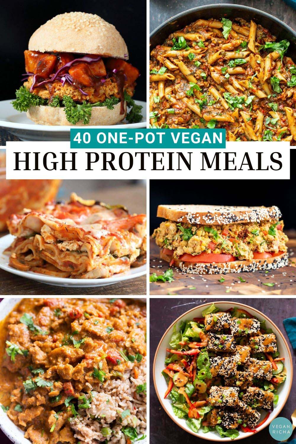 image collage of vegan burger, pasta, lasagna, sandwich, curry, and salad. Text reads, "40 One-Pot High Protein Vegan Meals."